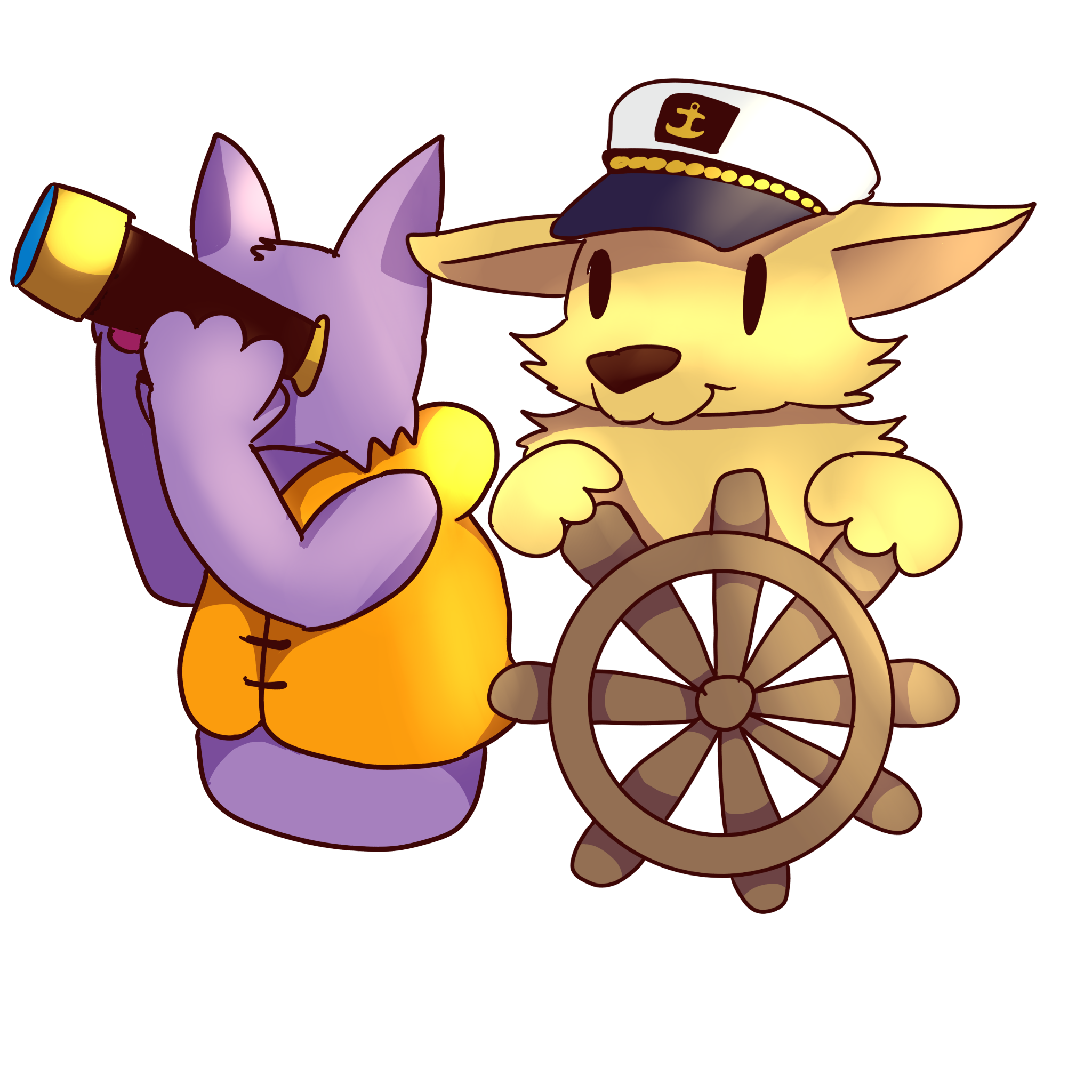 a purple fox in a orange life jacket looking through a spyglass. a yellow fox is next to it at a helm wearing a captains hat